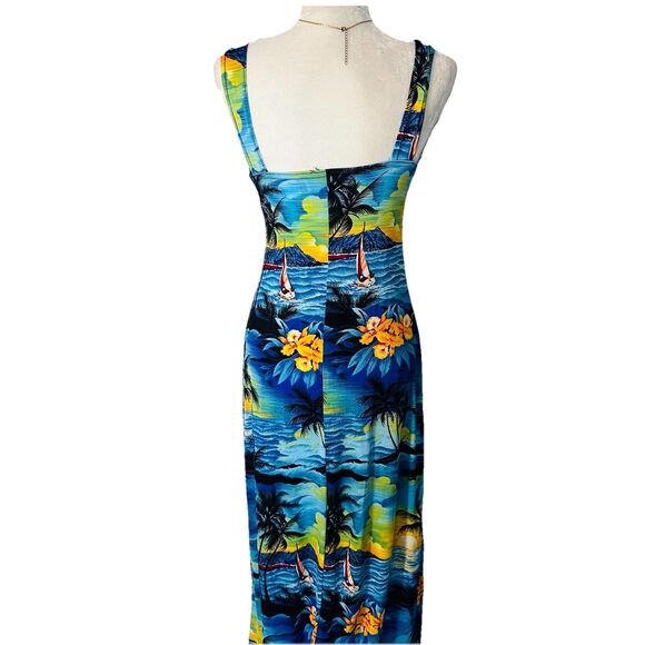 Nwt 90s Hawaiian Tropical Print Maxi Dress Rayon Beach Blue Sz M VTG - Picture 7 of 7